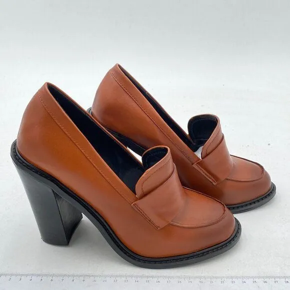 YDN Brown Chunky High Heels Round Toe Oxford Loafer Shoes Slip On Office Shoes