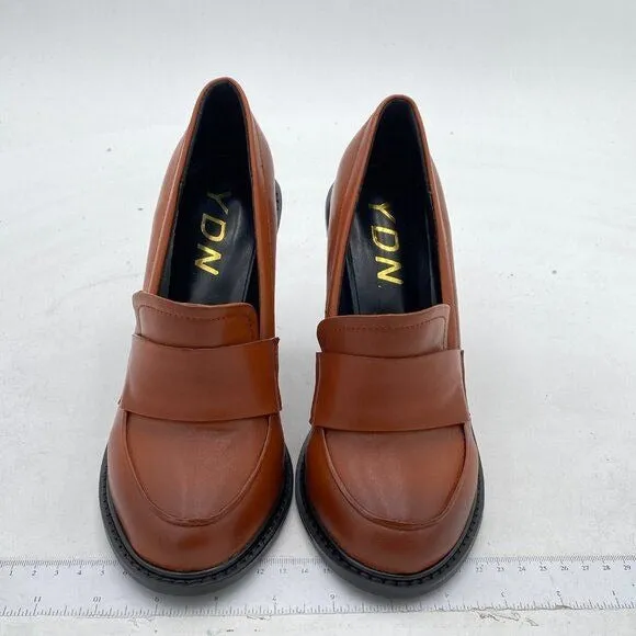 YDN Brown Chunky High Heels Round Toe Oxford Loafer Shoes Slip On Office Shoes