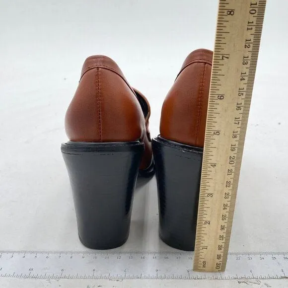 YDN Brown Chunky High Heels Round Toe Oxford Loafer Shoes Slip On Office Shoes