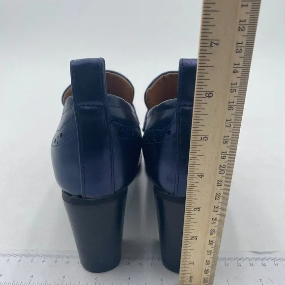 YDN Navy Chunky High Heels Round Toe Oxford Loafer Dress Shoe