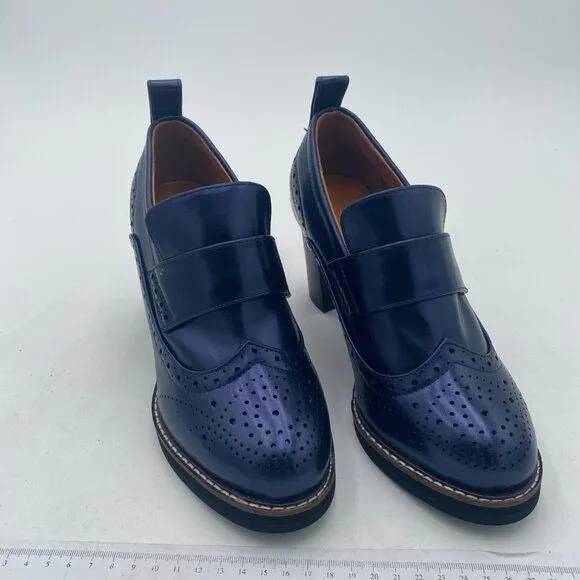 YDN Navy Chunky High Heels Round Toe Oxford Loafer Dress Shoe