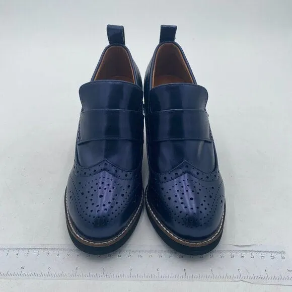 YDN Navy Chunky High Heels Round Toe Oxford Loafer Dress Shoe