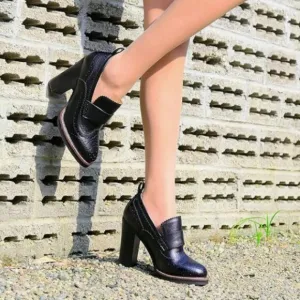 YDN Navy Chunky High Heels Round Toe Oxford Loafer Dress Shoe