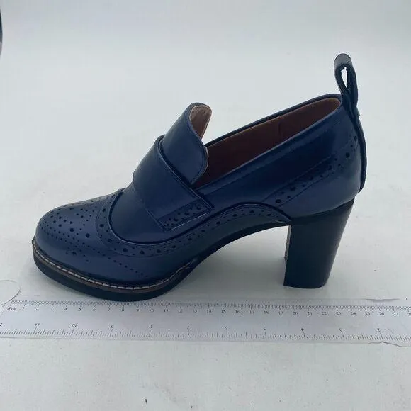 YDN Navy Chunky High Heels Round Toe Oxford Loafer Dress Shoe