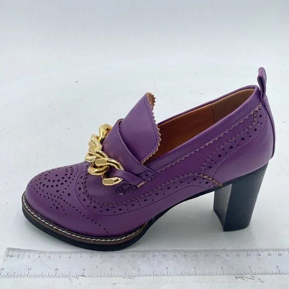 YDN Women Chunky High Heels Round Toe Oxford Chain Loafer Shoes Slip On Leather