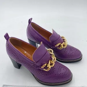 YDN Women Chunky High Heels Round Toe Oxford Chain Loafer Shoes Slip On Leather