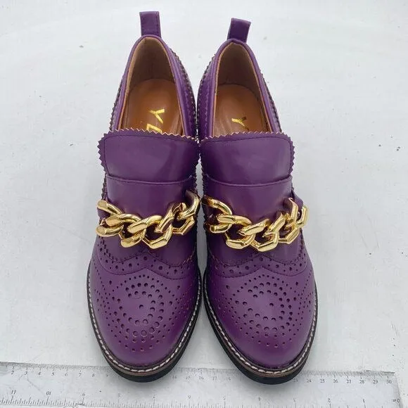 YDN Women Chunky High Heels Round Toe Oxford Chain Loafer Shoes Slip On Leather