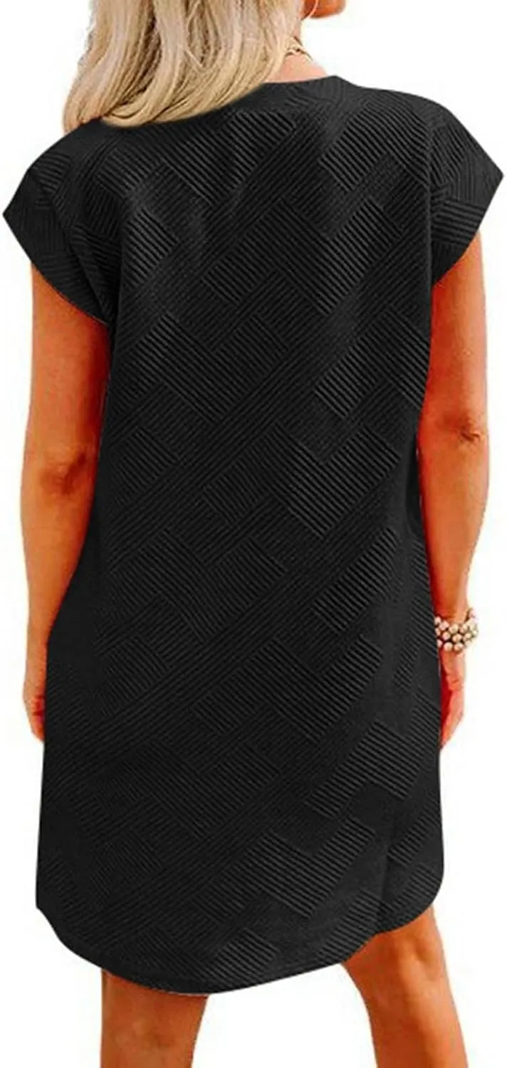 ZDRZK Dresses for Women Casual Cap Sleeve Solid Color Work Sundresses with Pockets Summer Loose Fit Crewneck Mini Dress