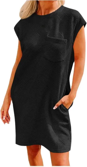 ZDRZK Dresses for Women Casual Cap Sleeve Solid Color Work Sundresses with Pockets Summer Loose Fit Crewneck Mini Dress