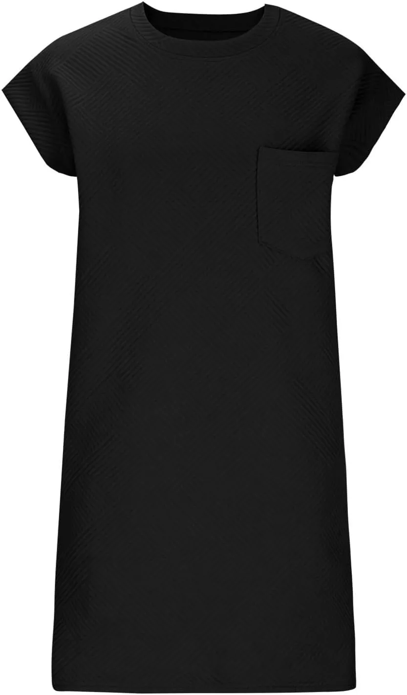 ZDRZK Dresses for Women Casual Cap Sleeve Solid Color Work Sundresses with Pockets Summer Loose Fit Crewneck Mini Dress