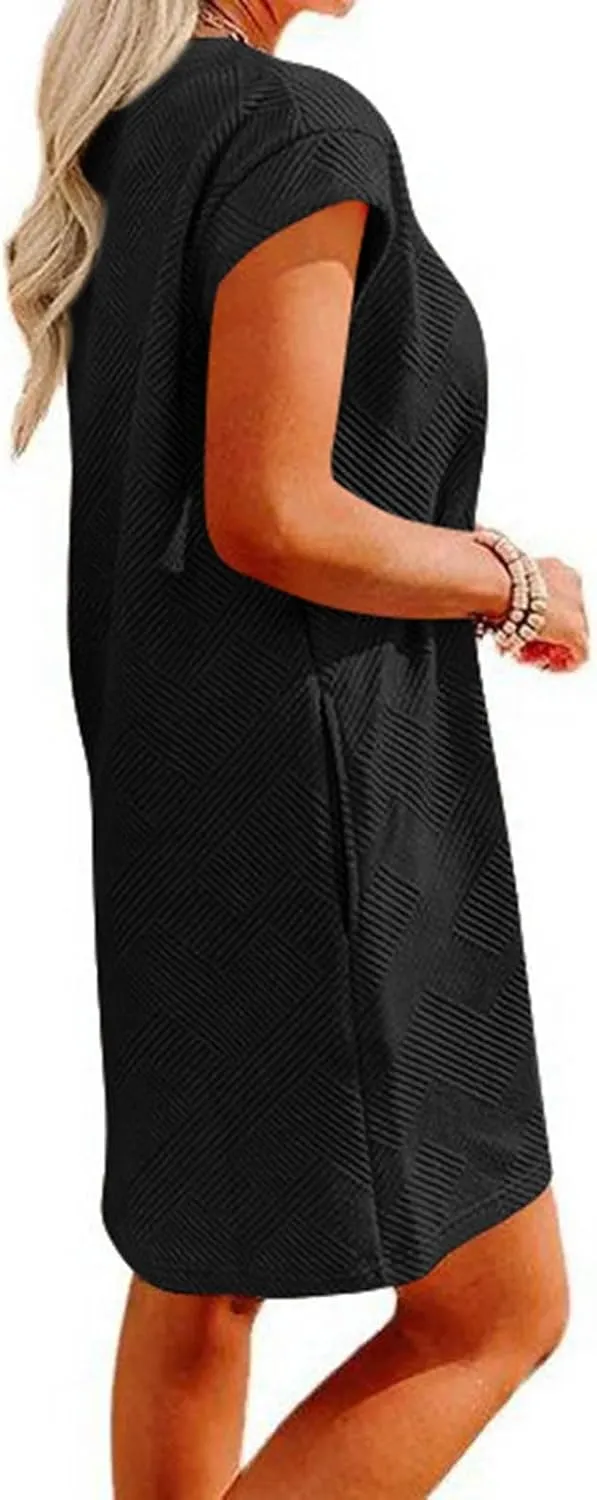 ZDRZK Dresses for Women Casual Cap Sleeve Solid Color Work Sundresses with Pockets Summer Loose Fit Crewneck Mini Dress