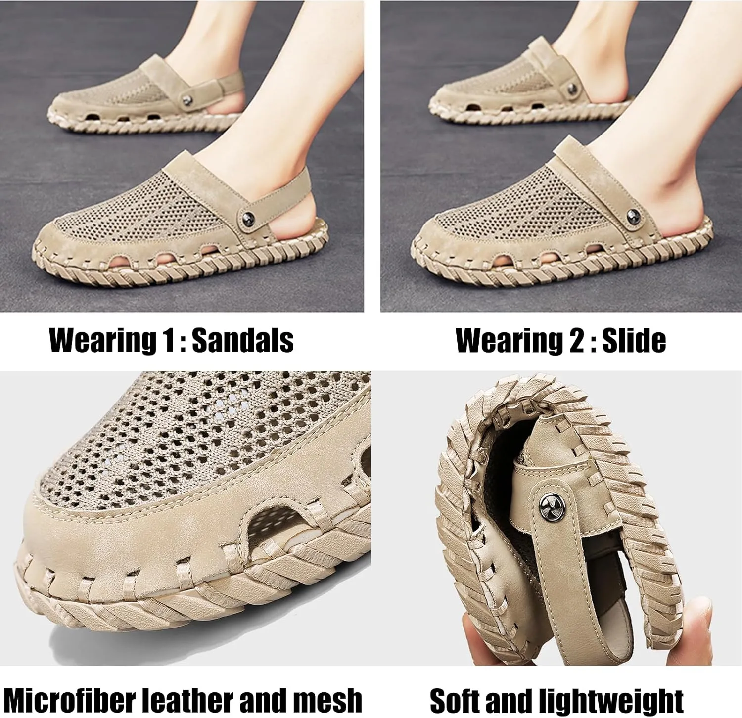 Zeberfi Men's Hollow Leather Mesh Closed Toe Flat Sandals Casual Outdoor Athletic Handmade Adjustable Slip On Beach Shoes Summer Breathable Comfort Walking Sports Hiking Sandals