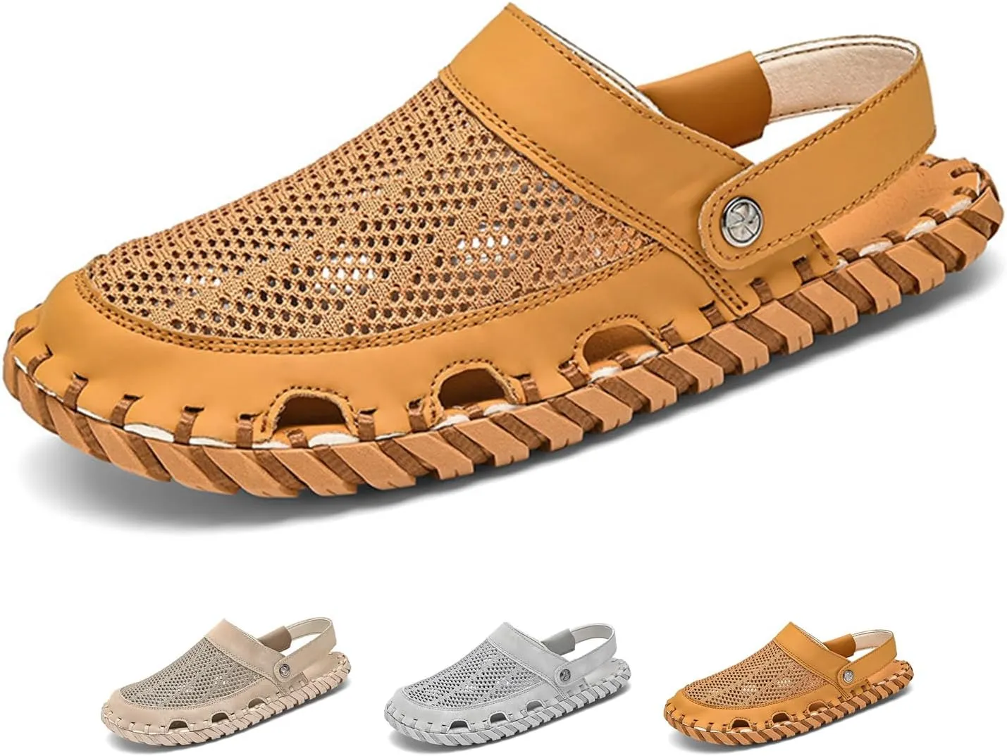 Zeberfi Men's Hollow Leather Mesh Closed Toe Flat Sandals Casual Outdoor Athletic Handmade Adjustable Slip On Beach Shoes Summer Breathable Comfort Walking Sports Hiking Sandals
