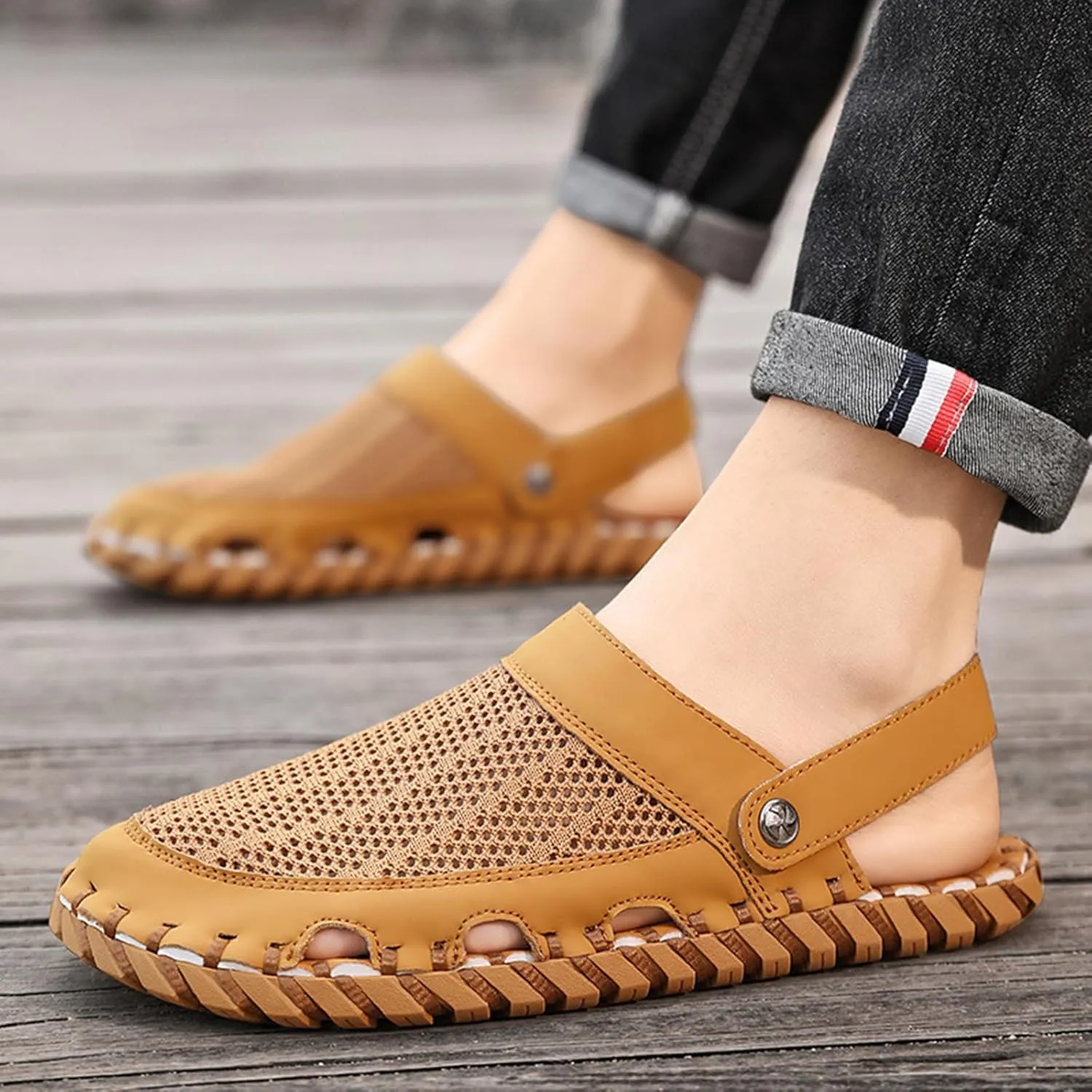 Zeberfi Men's Hollow Leather Mesh Closed Toe Flat Sandals Casual Outdoor Athletic Handmade Adjustable Slip On Beach Shoes Summer Breathable Comfort Walking Sports Hiking Sandals