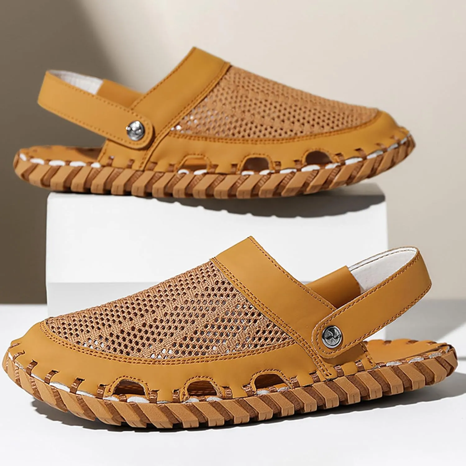 Zeberfi Men's Hollow Leather Mesh Closed Toe Flat Sandals Casual Outdoor Athletic Handmade Adjustable Slip On Beach Shoes Summer Breathable Comfort Walking Sports Hiking Sandals