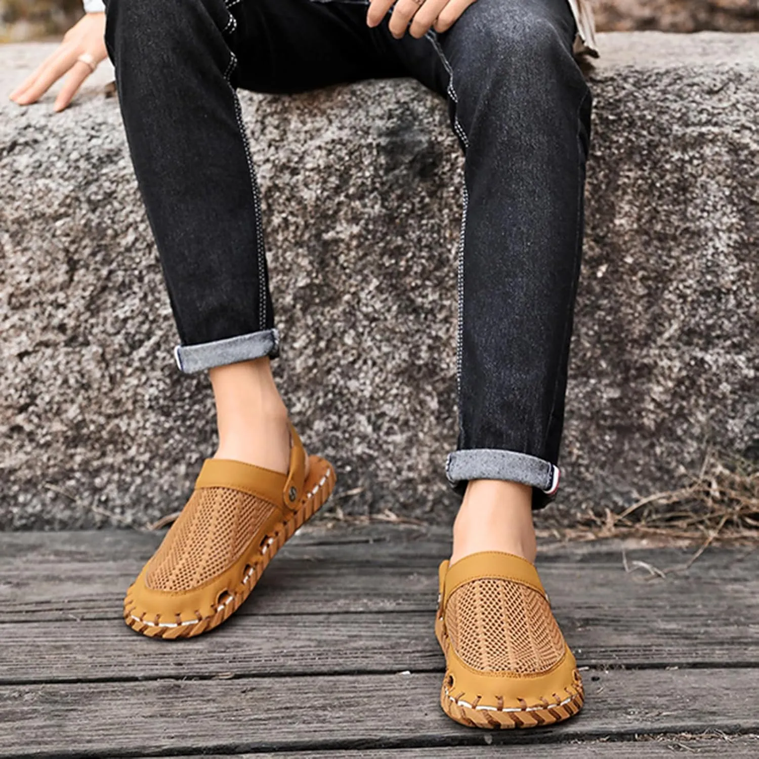 Zeberfi Men's Hollow Leather Mesh Closed Toe Flat Sandals Casual Outdoor Athletic Handmade Adjustable Slip On Beach Shoes Summer Breathable Comfort Walking Sports Hiking Sandals