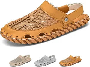 Zeberfi Men's Hollow Leather Mesh Closed Toe Flat Sandals Casual Outdoor Athletic Handmade Adjustable Slip On Beach Shoes Summer Breathable Comfort Walking Sports Hiking Sandals