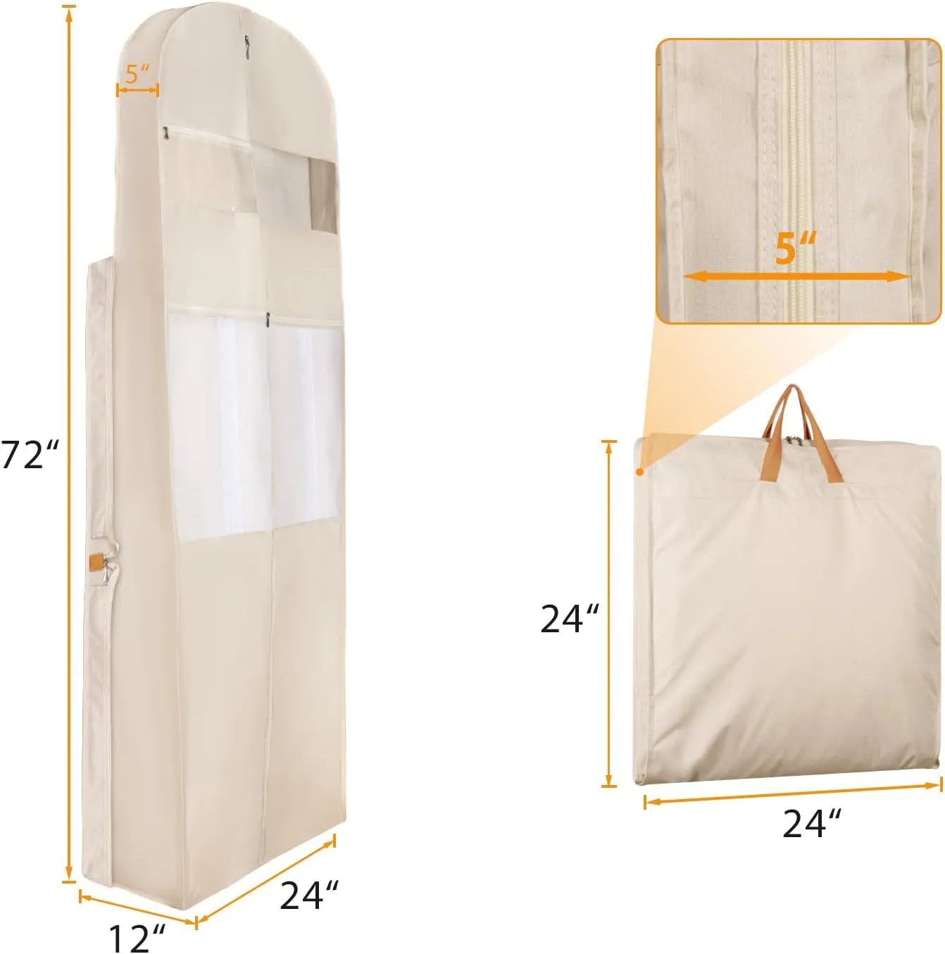 Zilink 72" Wedding Dress Garment Bag Dress Bags for Gowns Bridal Garment Bag for Long Dresses with 12”Gusseted and Accessory Pockets for Wedding Dress, Puffy Gowns [Upgraded Version], Beige