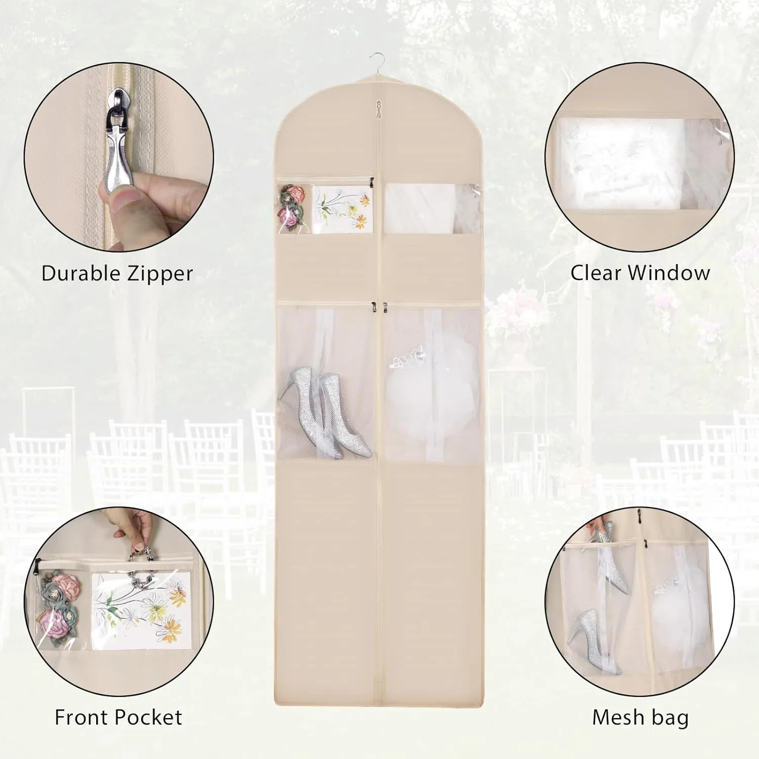 Zilink 72" Wedding Dress Garment Bag Dress Bags for Gowns Bridal Garment Bag for Long Dresses with 12”Gusseted and Accessory Pockets for Wedding Dress, Puffy Gowns [Upgraded Version], Beige