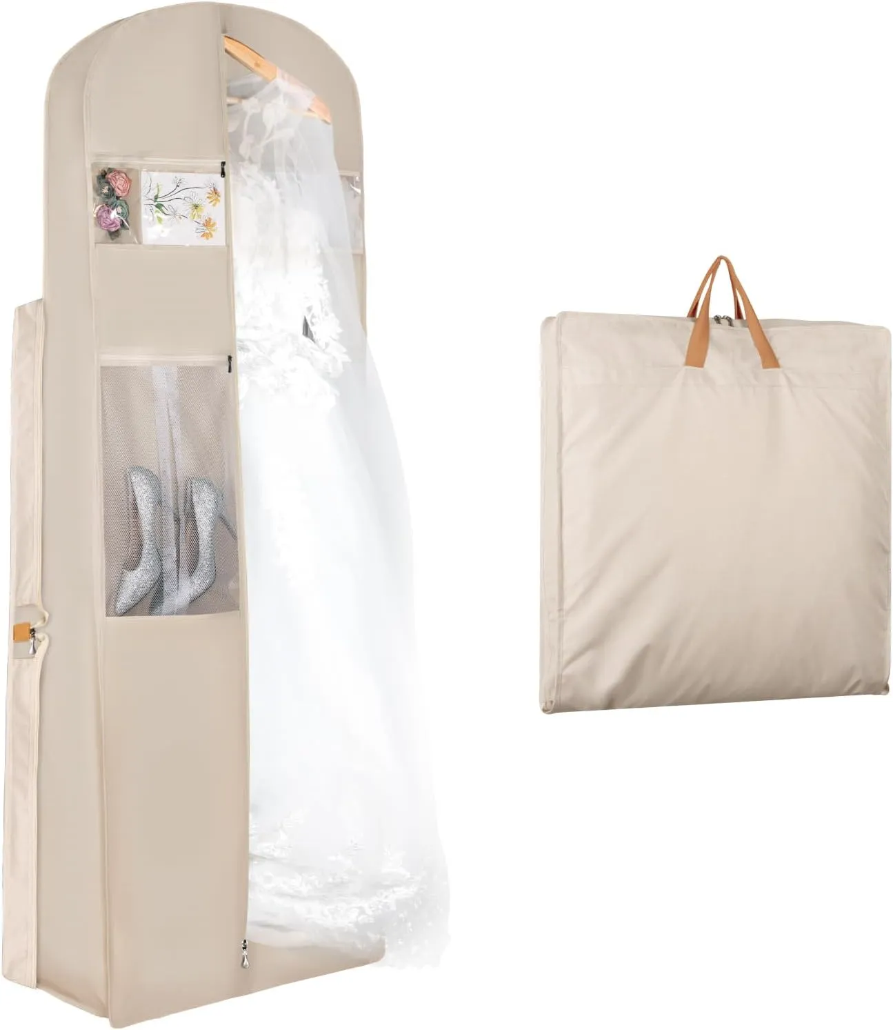 Zilink 72" Wedding Dress Garment Bag Dress Bags for Gowns Bridal Garment Bag for Long Dresses with 12”Gusseted and Accessory Pockets for Wedding Dress, Puffy Gowns [Upgraded Version], Beige
