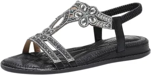 ZSpzx Sandals for Women Dressy Summer,Women's Flat Sandals T-Strap Beaded Flower Rhinestone Low Heels Dress Beach Shoes Dressy Summer Crystal Open Toe Ankle Strap Flat Sandal for Prom Formal Wedding