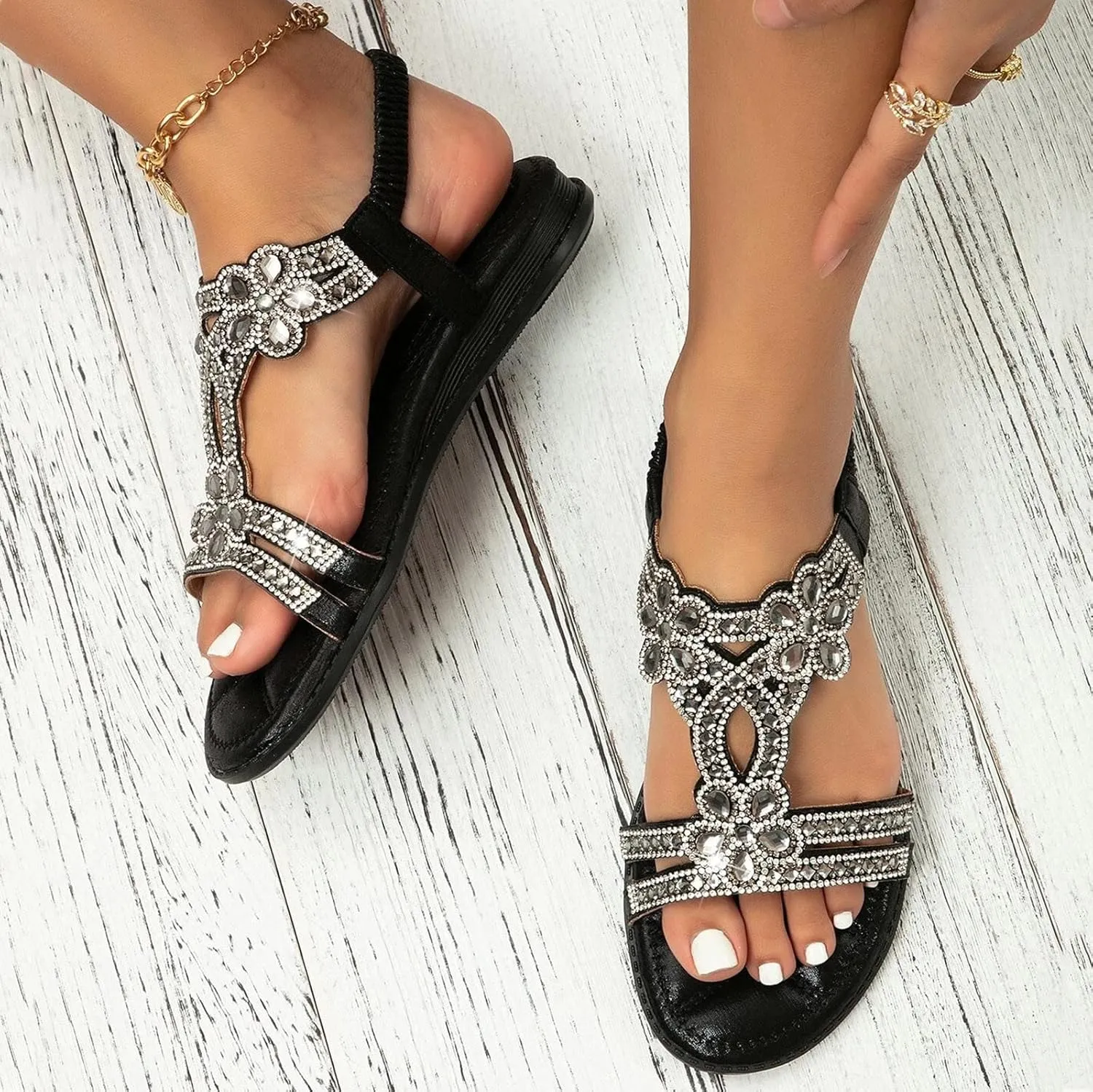 ZSpzx Sandals for Women Dressy Summer,Women's Flat Sandals T-Strap Beaded Flower Rhinestone Low Heels Dress Beach Shoes Dressy Summer Crystal Open Toe Ankle Strap Flat Sandal for Prom Formal Wedding