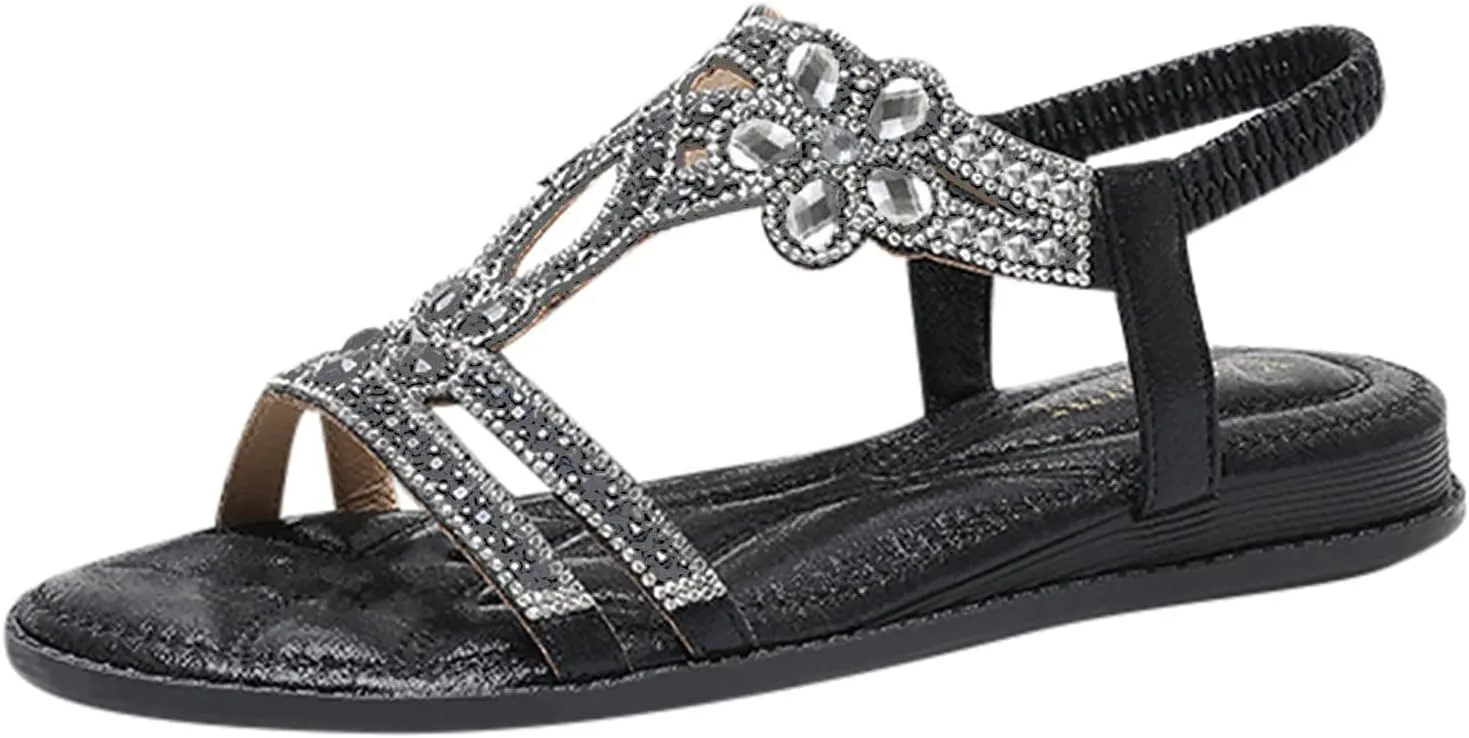ZSpzx Sandals for Women Dressy Summer,Women's Flat Sandals T-Strap Beaded Flower Rhinestone Low Heels Dress Beach Shoes Dressy Summer Crystal Open Toe Ankle Strap Flat Sandal for Prom Formal Wedding