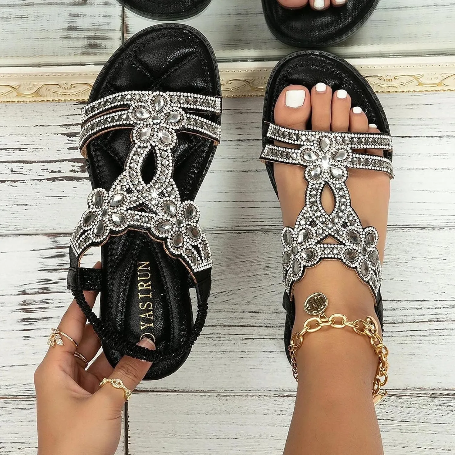 ZSpzx Sandals for Women Dressy Summer,Women's Flat Sandals T-Strap Beaded Flower Rhinestone Low Heels Dress Beach Shoes Dressy Summer Crystal Open Toe Ankle Strap Flat Sandal for Prom Formal Wedding